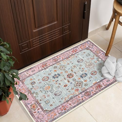 GLN Rugs Traditional Collection - Machine Washable Area Rug, Traditional Washable, Non Slip, Low Pile Chenille Rug, Living Room, Bedroom, Kitchen Rug (2'x3' Pink and Gray)