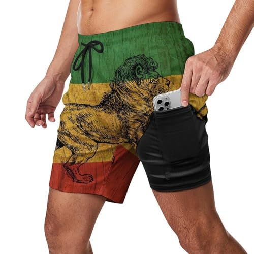 Jamaican Rasta Lion Wooden Flag Beach Shorts for Men Swim Trunks Quick Dry Swim Shorts with Compression Liner Pocket2