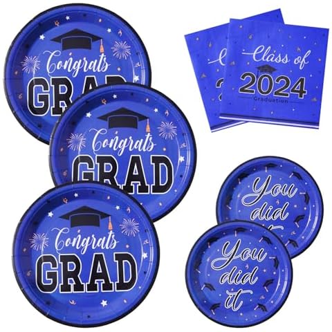 HOMIX Graduation Plates and Napkins Class of 2024, Serves 50 Blue and Black Graduation Party Supplies Disposable Paper Dinnerware Sets Cover