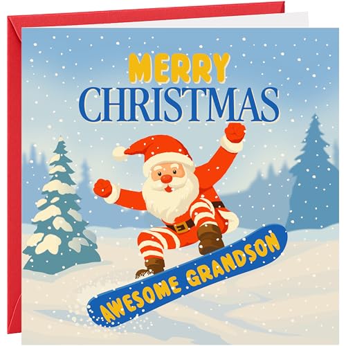 Christmas Card For Grandson. Christmas Xmas Greetings Card To Grandson Funny Santa On A Snowboard Father Christmas Snow Fun Design