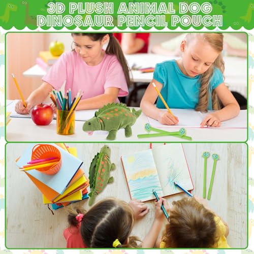 Image of 3 Pcs Green Dinosaur Pencil Pouch for Kids 3D Plush Animal Pencil Case with 2 Fun Pencils & 1 Soft Stationery Bag Ideal Birthday Gift for Boys and Girls, Back to School Supplies