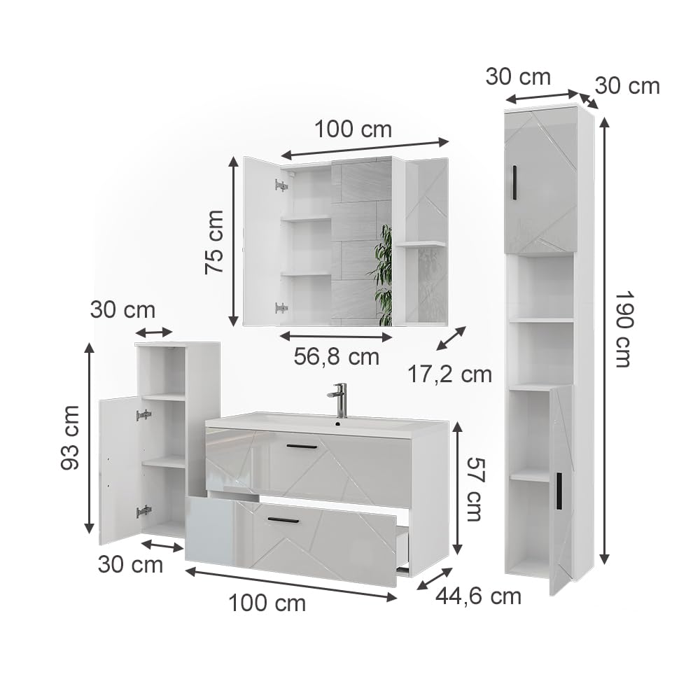 Vicco Set di mobili da bagno Irma, Bianco/bianco lucido, 100 cm, composto da mobile sottolavabo, lavabo, pensile, colonna e mobile medio