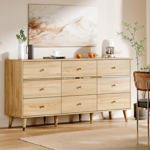 Image of Chrangmay 9 Drawer Dresser,63" Wide Mid Century Modern Chest of Drawers,Wooden Bedroom Drawer Dresser with 9 Storage Drawers for Bedroom, Living Room,with Anti-Tipping Device,Natural