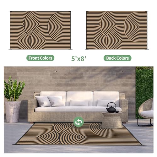 Image of GENIMO 5'x8' Outdoor Rug for Patio Waterproof, Reversible Plastic Straw Rug, Geometric Area Rug Outside Carpet, Camping Mats for Rv, Backyard, Deck, Balcony, Porch, Beach Black&Brown