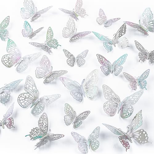 Phuryllic Butterfly Wall Decor 48pcs 3D Butterfly Stickers in 3 Sizes & 4 Styles for Balloon Arch & Cake Decorations Cute Decals for Girls Room & Birthday Party Laser Silver
