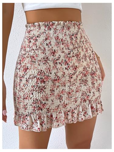 WDIRARA Women's Floral High Waisted Mini Bodycon Skirt Boho Ruffle Trim Smocked Short Skirts3