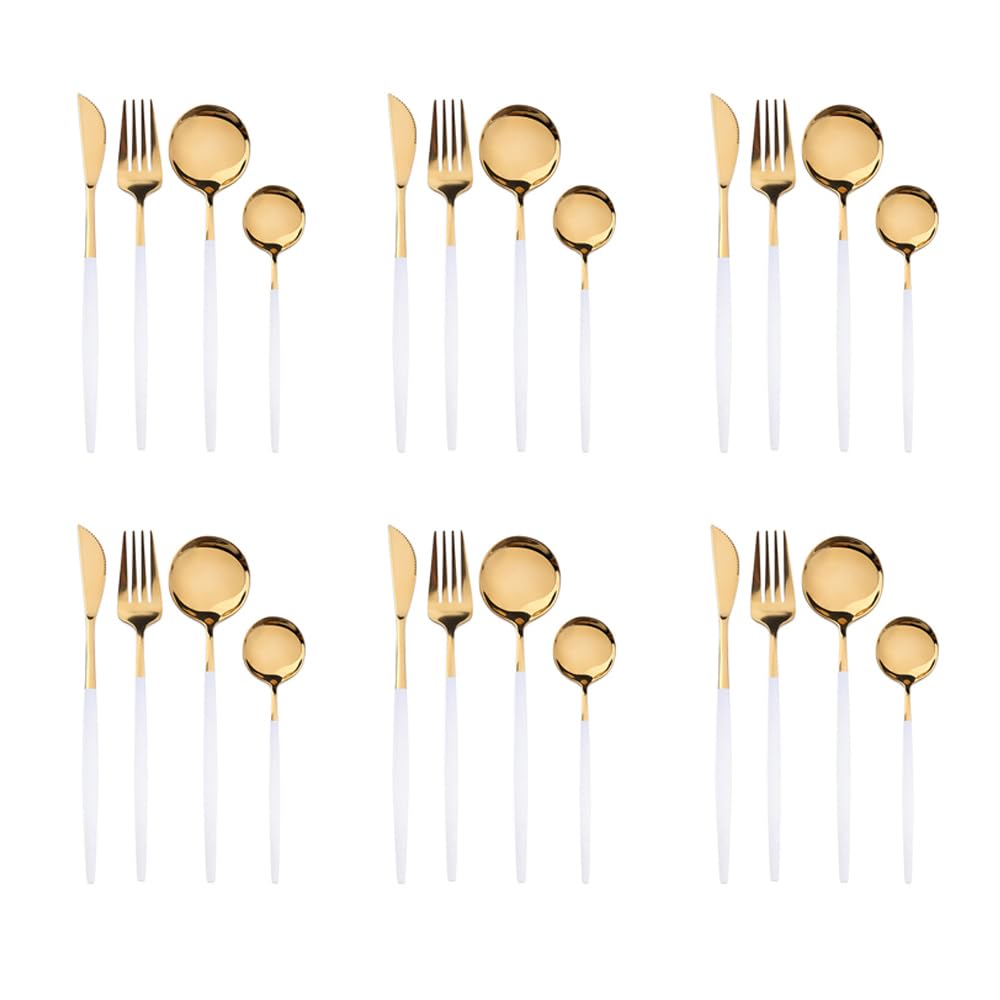 Oyalah Stainless Steel Western Cutlery Set 24 Pieces Mirror Polished Flatware Set (White/Gold)
