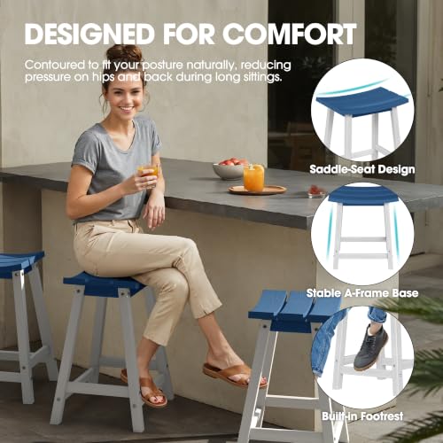 Image of Ciokea 2 Set 24 inch Outdoor Bar Stools Heavy Duty HDPE Counter Height Bar Stools Weatherproof Patio Seats Modern Waterproof BarStools for Bar Deck Balcony Counter Yard, White and Navy Blue