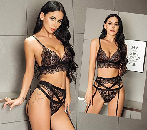 ADOME Women Lingerie Set with Garter Belts Sexy Bra and Panty Lace Lingerie Sets Black XL - Thumbnail 2