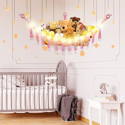 Image of CERETIA Stuffed Animal Hammock with LED Light, Large Stuffed Animals Storage Corner Plushie Net for Kids Room Decor, 2 Packs Pink