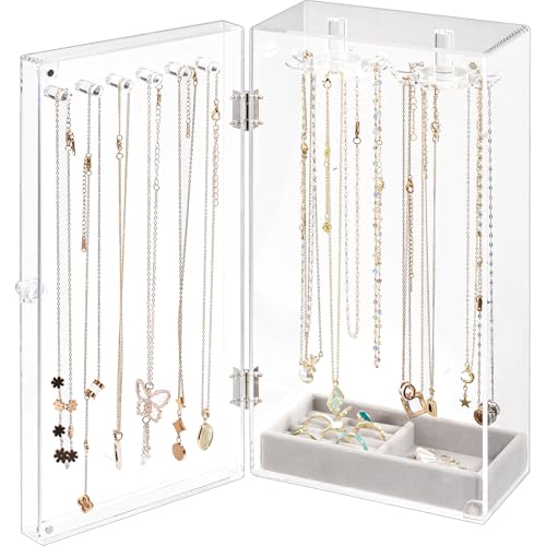 Lolalet Necklace Holder Organizer, Acrylic Jewelry Organizer with 24 Hooks, Rotating Clear Necklaces Display Box, Dust-proof Jewelry Storage Case with
