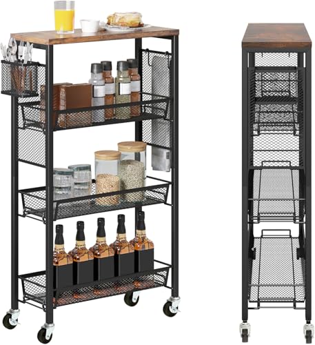 DWVO 4-Tier Slim Rolling Cart on Wheels, 34" Wooden Tabletop Kitchen Storage Organizer Cart with Wire Mesh Baskets, Slide-Out Storage Cart for Kitchen, Bathroom Living Room (Black)
