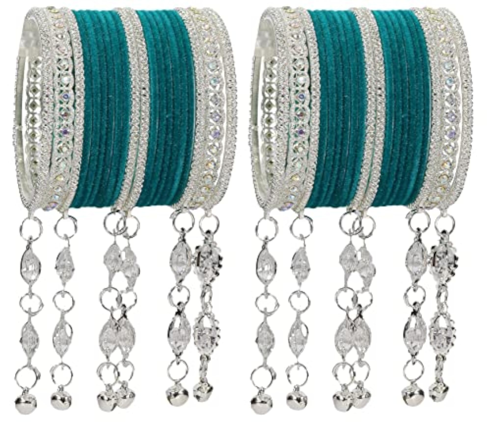 Metal with Zircon Gemstone and Bells Latkan Linked Velvet Bangles