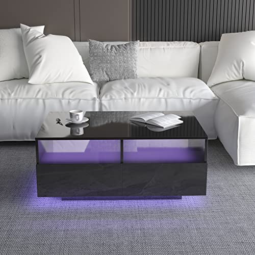 St.mandyu Led Coffee Table With Storage Drawers,Modern High Glossy Center Table With 20 Colors Led Lights For Living Room (Black) #TOP2