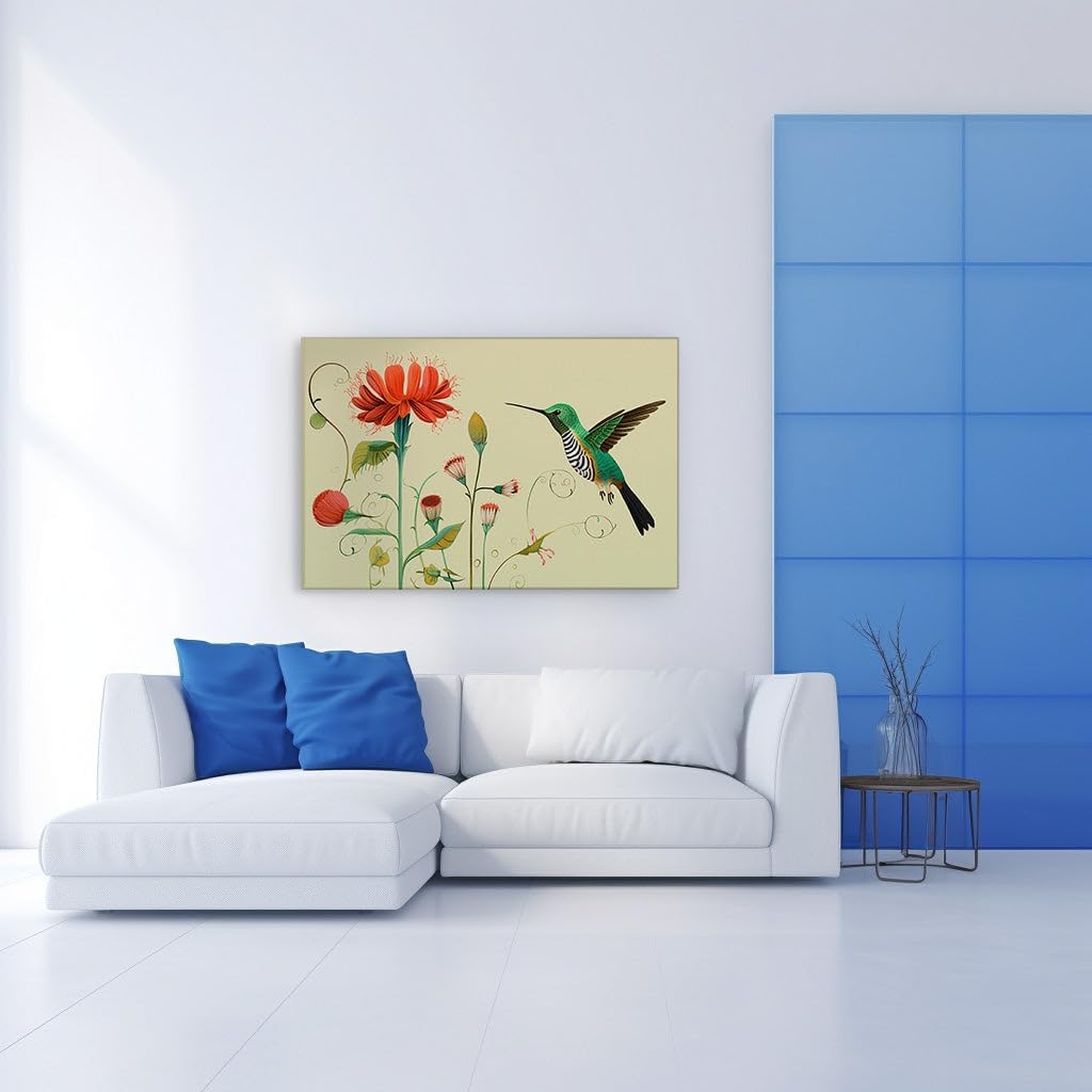 Canvas for Living room. Vibrant Encounter: A Hummingbird's Dance with a Radiant Red Blossom, 27 x 18 inch Canvas Wall Art - Abstract By Atmosphere - Nature Home Decor