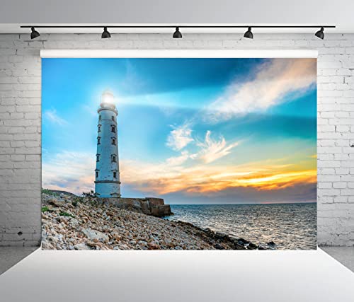 BELECO 8x6ft Fabric Seaside Lighthouse Backdrop for Photography Lighthouse Searchlight Beam Sunset Seascape Scenery Background Nautical Party Decorations Studio Booth Photo Props