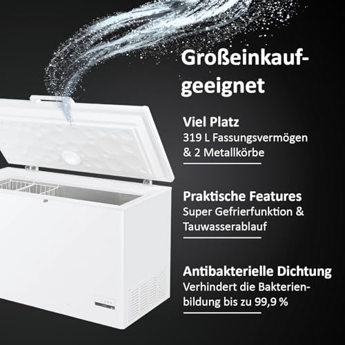 Haier Haier Gefriertruhe CHEST SERIE 3 HCE321T I 319 L Tiefkühltruhe mit Innenbeleuchtung, Super-Gefrierfunktion & antibakterieller Dichtung I Freezer Kühltruhe inkl. 2 Metallkörben I Energieklasse D - Produktansicht 3 | Gefriertruhen