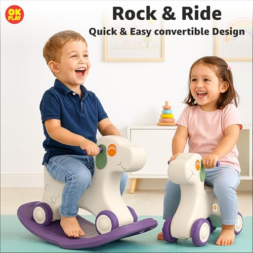 Image of OK PLAY 3 in 1 Puppy Rocker Combo for Kids | Push On Ride On | Balancing Board | Backrest | Easy Grip | Anti Skid | Four Wheel | Indoors and Outdoors Games | Light-Weight | Purple & Ivory