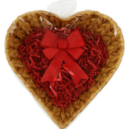Panier cadeau en forme de cœur en jacinthe d'eau - Naturel - Avec matériau de remplissage en papier rouge et film cadeau - Idéal pour Noël, la Saint-Valentin, un...