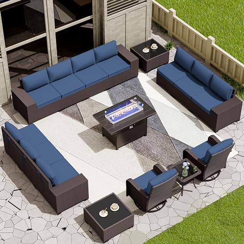 Image of 16 PCS Outdoor Patio Furniture Set,Outdoor Sectional Furniture with 45 inch 55000 BTU Gas Propane Fire Pit Table,PE Rattan Wicker Patio Conversation Set,Swivel Rocking Chairs Set,Navy Blue