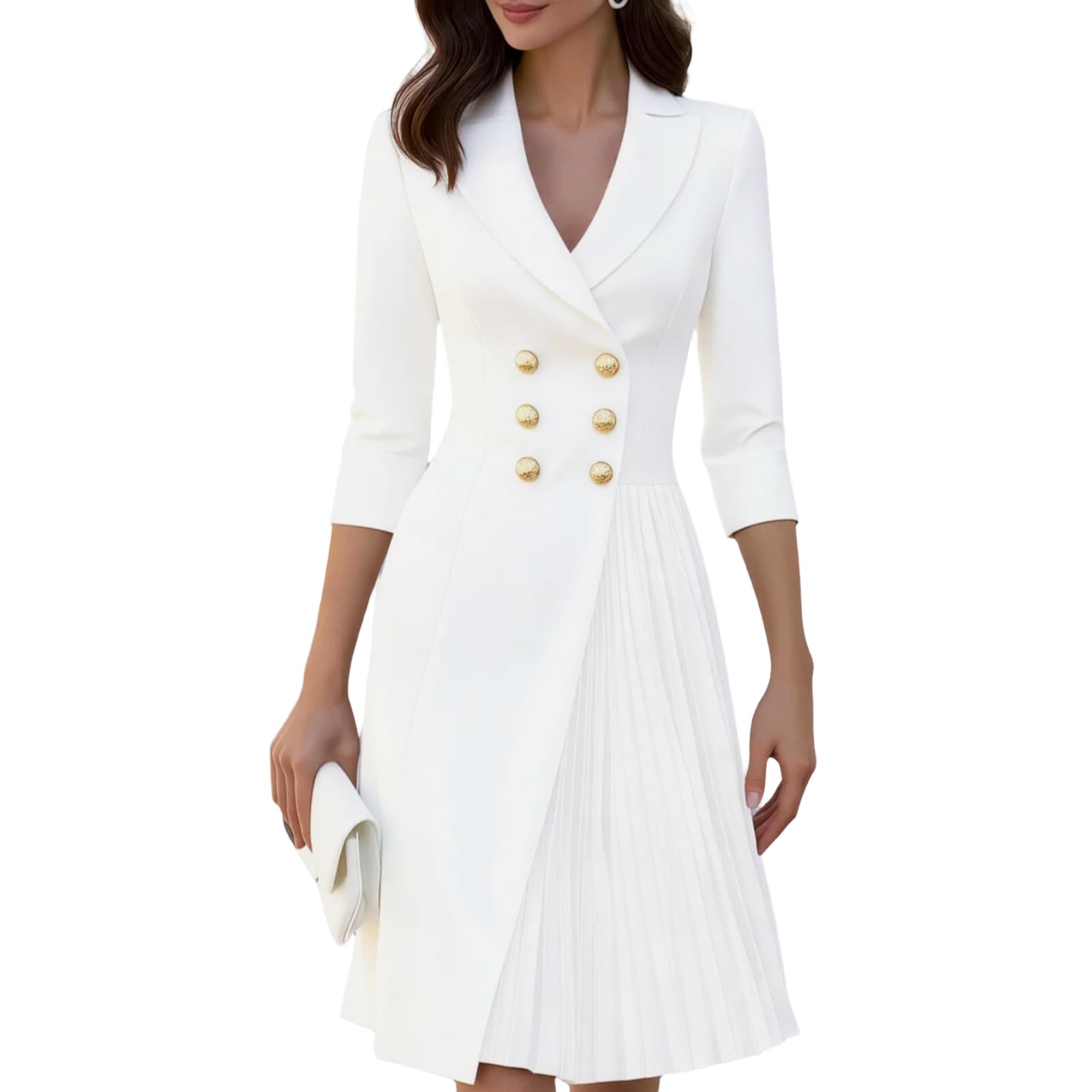 Kleid Hochzeitsgast Damen Curvy Elegantes Sommerkleid Damen Business Kleider V Ausschnitt A Linie Cocktailkleid Festlich Hochzeit Plisseekleid 3/4 Ärmel Blazer Bürokleid Zum Knöpfen