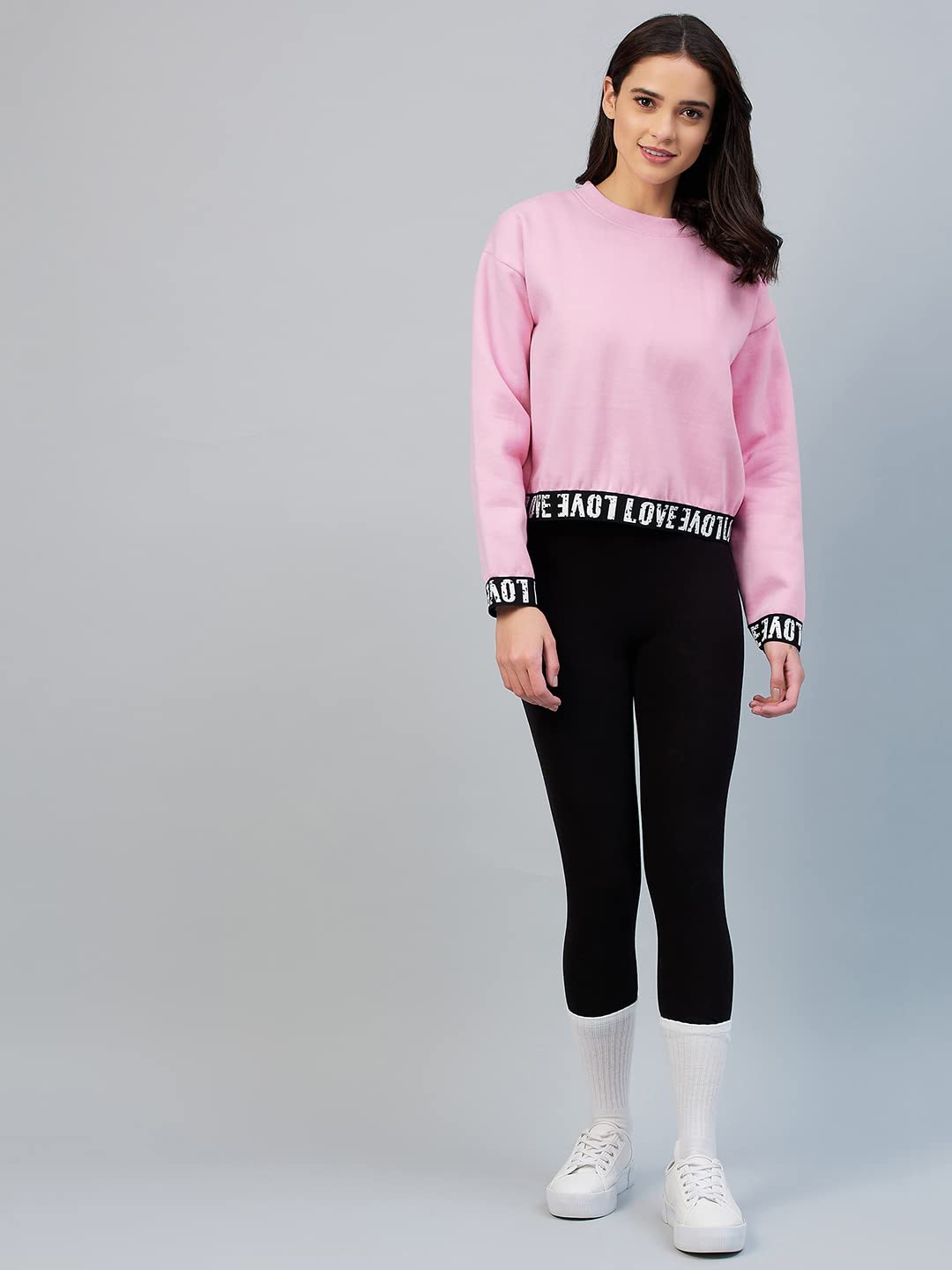 StyleStone Women's Pink Love Taped Cotton Round Neck Sweatshirt (Pink, L, 3912PinkLoveL) 1