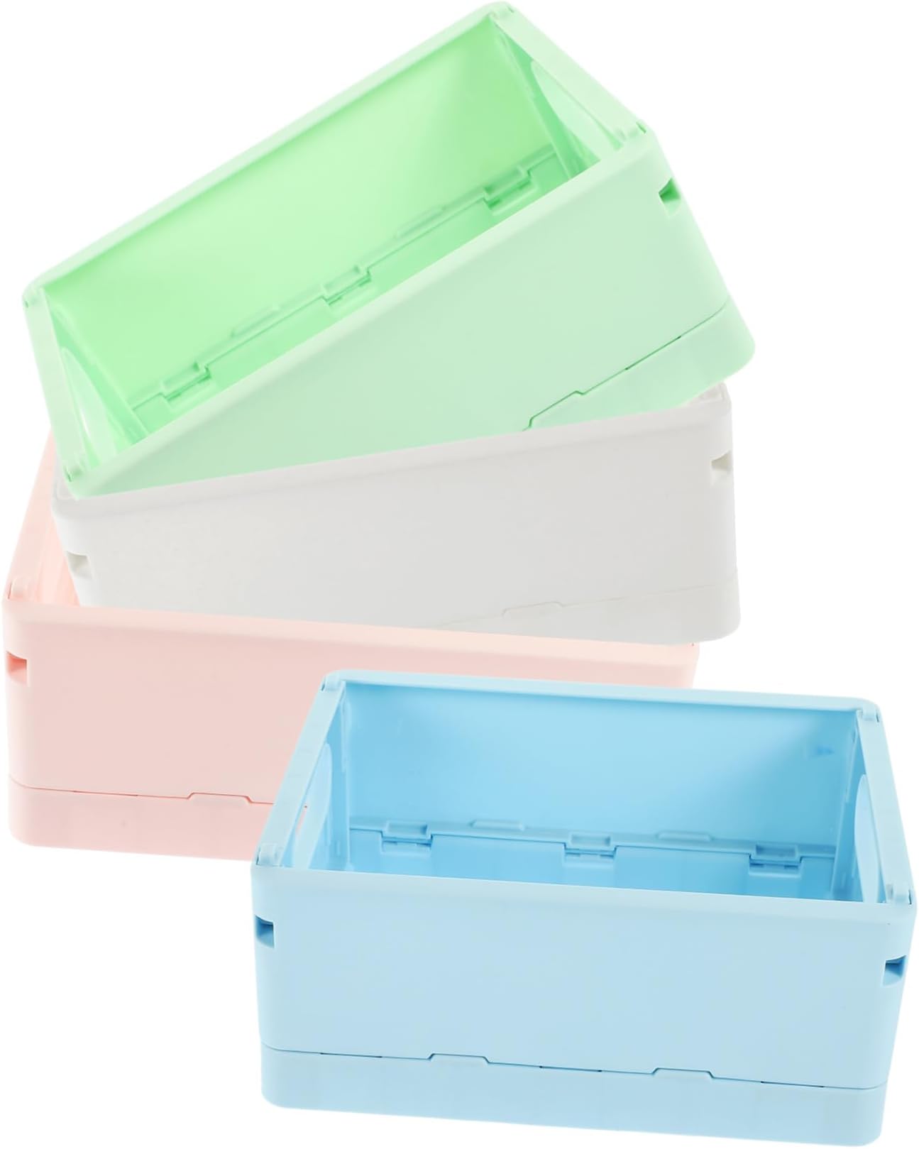 Unomor 4Pcs Small Plastic Storage Collapsible Crates for Desk Organization Cute Multi-functional Bins for Cosmetics Sundries and Snacks Stackable Design Pastel Colors