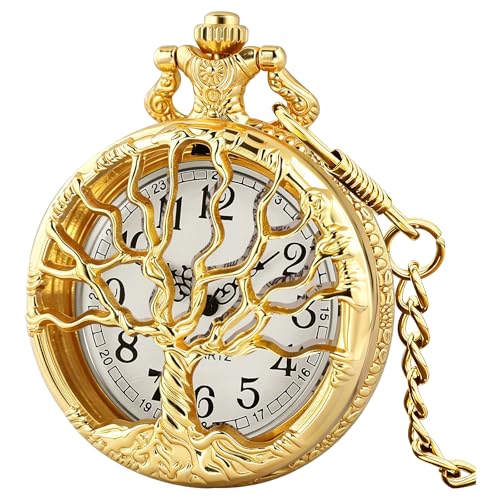 Image of Tiong Pocket Watch Hollow Tree of Life Design Roman Numerals Engraved Bible Verse Quartz Pocket Watch with Chain Custom Pocket Watch Birthday Gifts