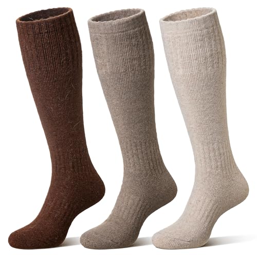 Eocom Unisex Merino Wool Ski Socks Thermal Warm Winter Thick Knee High Long Snowboarding Boot Socks for Women Men 3 Pairs(Coffee Large)