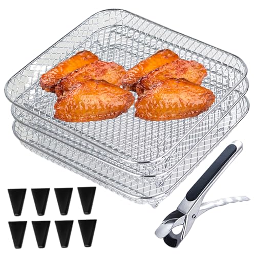Wedhapy Airfryer-Gestell Airfryer-Korb Edelstahl 3-lagig stapelbares Airfryer-Regal mit 8 Silikonfüßen 1 Pinzette und 1 Bürste für Backofen Presskocher quadratisch