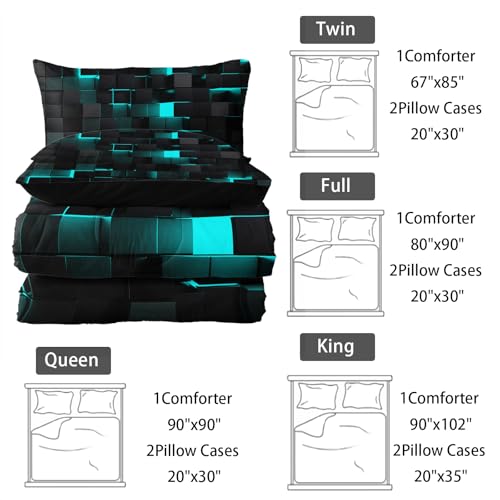 Image of Nttopship Neon Turquoise Black Comforter Set Queen Geometric Kids Bedding Set,3 PCS Geometry Honeycomb Bed Set Modern Quilt Set 1 Comforter 2 Pillow Cases Cool Room Decor All Season B-Side Black