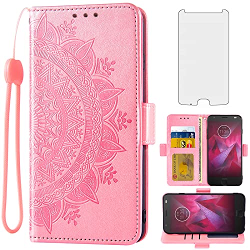 Asuwish Compatible with Moto Z2 Force Wallet Case Tempered Glass Screen Protector Card Holder Flip Wrist Strap Cell Phone Cover for Motorola MotoZ2Force Droid MotoZ2 Z2Force Z 2 2Z Rose Gold