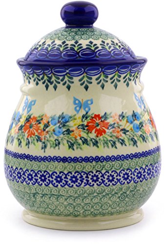 Polish Pottery Jar with Lid 8-inch (Red Cornflower And Blue Butterflies Theme) Signature UNIKAT