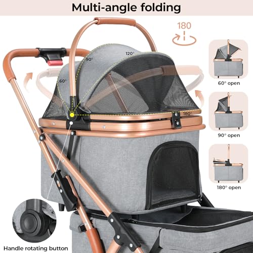 MAMIZO Doppelter Hundebuggy, Haustiere Buggy bis 15 kg, Faltbar 2 Etagen Hundewagen, Katzenbuggy für 2 Etagen mit 4 PCS verschleißfeste PU-Räderr, Hundebox Transporttasche, Grau