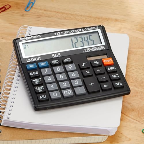 Image of Amazon Basics AB-555 12 Digits GST & Tax Calculator with 112 Steps Check and Correct, Basic Calculator, Black
