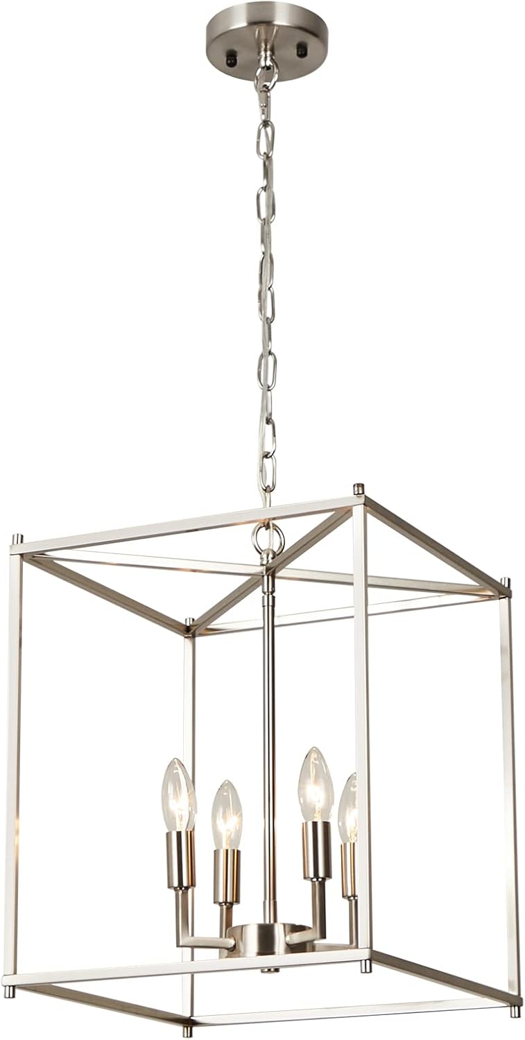 Black Chandelier Farmhouse Chandelier for Dining Room, 12.6" Lantern Pendant Light Fixtures 4-Light Square Foyer Chandelier Adjustable Pendant Lighting for Kitchen Island Hallway