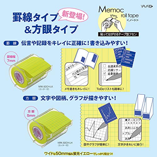 Image of Yamato Memoc Roll Tape, Self-Stick Memo Paper Tape, with Tape Dispenser, 50mm x 10m, 5mm Squared, Yellow, 1 ea. (NRK-50CH-LH)