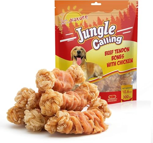 Jungle Calling Long Lasting Dog Chews for Medium Large Dogs Chicken Wrapped Beef Tendon Braid Bones - Rawhide-Free Hip and Joint Support Treats with Glucosamine