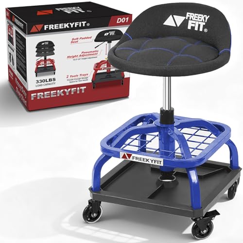 Image of Rolling Shop Stool with Wheels, Garage Work Mechanic Stool with Backrest, Roller Mechanic Chair, Adjustable Height, 360 Swivel, Tool Tray Storage, 330 LBS Capacity, Heavy Duty, Blue