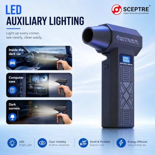Image of Sceptre 3-in-1 Cordless Air Duster, Vacuum Cleaner & Air Blower | 120000 RPM Brushless Motor | 5200mAh Battery | LED Light | Digital Display | Keyboard, PC, Car & Home Cleaning