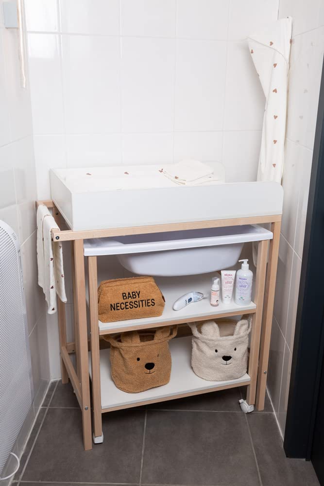 CHILDHOME, Table À Langer Avec Baignoire, Roues Facilite Le Déplacement, Unité De Change, Robuste, Sécurité Optimale, Ultra Pratique, Compacte, Bois Naturel De Hêtre