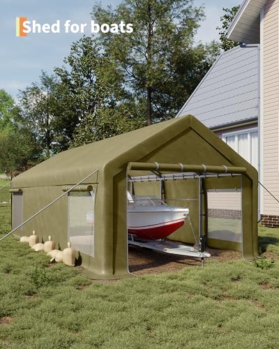 Image of GarveeLife 13x25 ft Carport with 10 Sandbags, Car Port with 220 g PE Tarp, 2 Roll-Up Doors, and 4 Windows, for Full-Size Pickups, Bass Boats, Tractors, and SUVs, Khaki