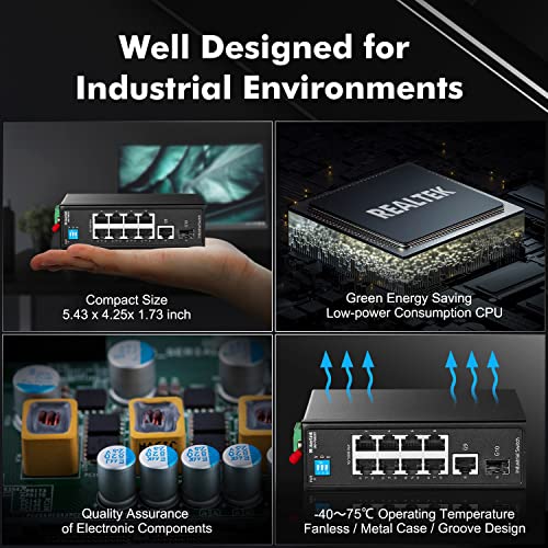 Image of MokerLink 10 Port Industrial Din Rail Switch, 8 Ports 100Mbps,1 Gigabit Ethernet and 1 SFP Uplink, DIN-Rail & Wall Mount