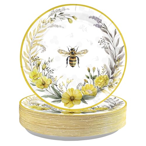 50Pcs Bee Floral Paper Plates 10 Inch Disposable Yellow Bee Flower Dessert Plates Spring Bees Party Decoration Favors for Seasonal Summer Baby Bridal Shower Birthday Wedding Picnic Party Supplies