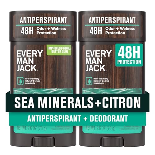 Every Man Jack Men’s Sea Minerals + Citron Antiperspirant Deodorant – New & Improved Formula – Smooth Glide, 48-Hour Odor & Sweat Defense– 2.6 oz (2 Pack)