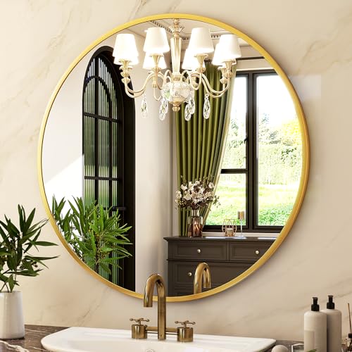 Image of HARRITPURE 24 Inch Round Mirror, Gold Circle Bathroom Mirror, Modern Aluminum Alloy Frame Wall Mounted Vanity Mirror for Living Room, Bedroom, Entryway
