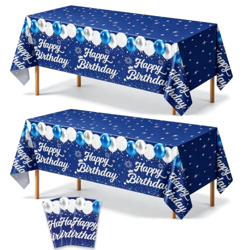 Image of 3 Pack Blue and Silver Happy Birthday Tablecloths, 54 x 108 Inch Covers