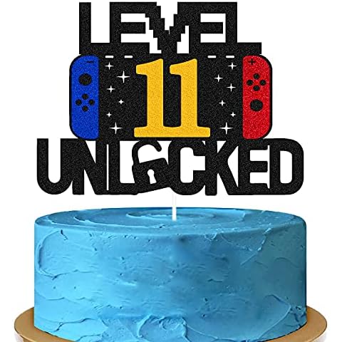 Level 11th Unlocked Sign Cake Topper Happy 11th Birthday Level Up Eleventh Cake Decorations for Video Game Controller Themed Kids Boy Girl Bday Party Supplies Double Sided Cover