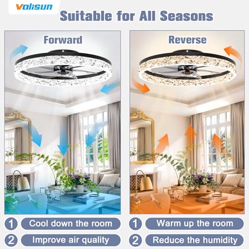 Image of VOLISUN Fandelier Ceiling Fans with Light, 23.6in Low Profile Ceiling Fan with Light and Remote, 3000K-6500K Dimmable Bladeless Ceiling Fan Flush Mount, Black Modern Ceiling Fan with Light for Bedroom