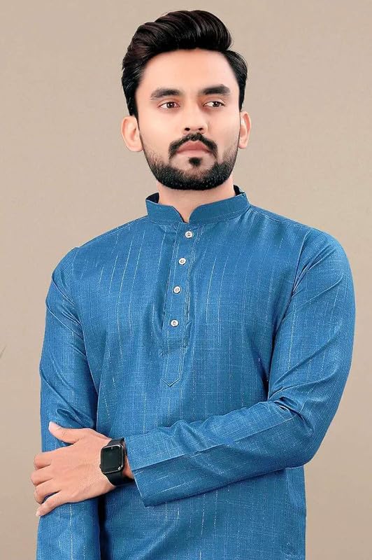 Image of FASHION GALLERY Men's Solid Pattern Polycotton Kurta with Long Sleeve Round Neck Knee Length and Pull On Closure Type|Men Kurta Pajama Set